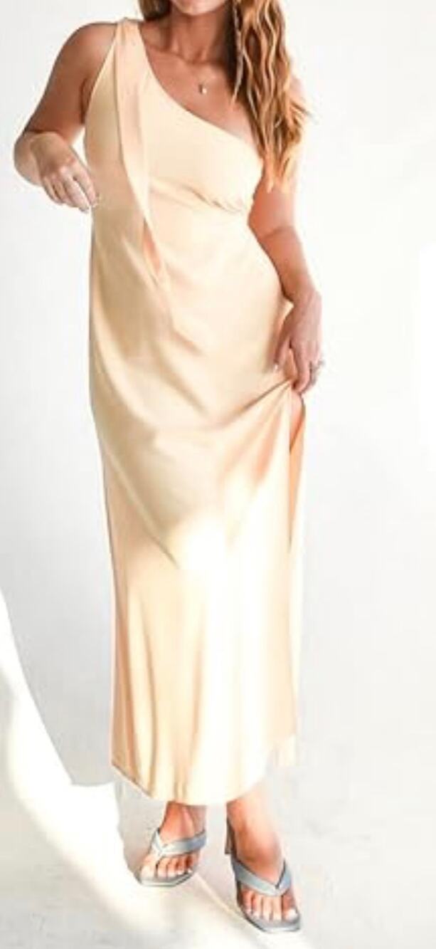 The Drop NWT slip dress one shoulder Maxi $68 S Pela Banana color light orange